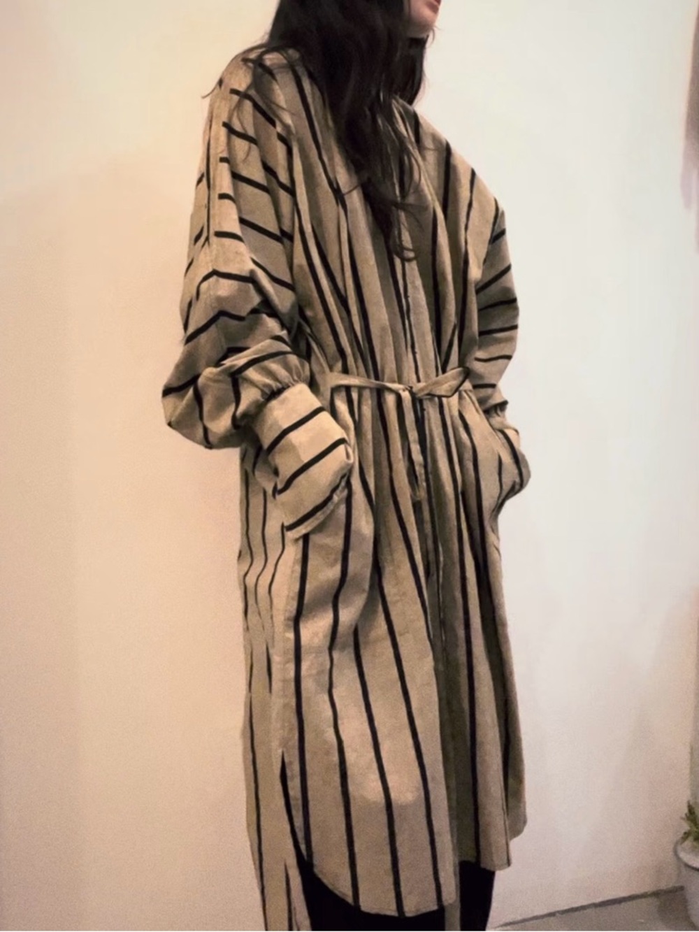 Uma Wang Striped Midi Shirt Dress with Tie Waist - Picture 3 of 9